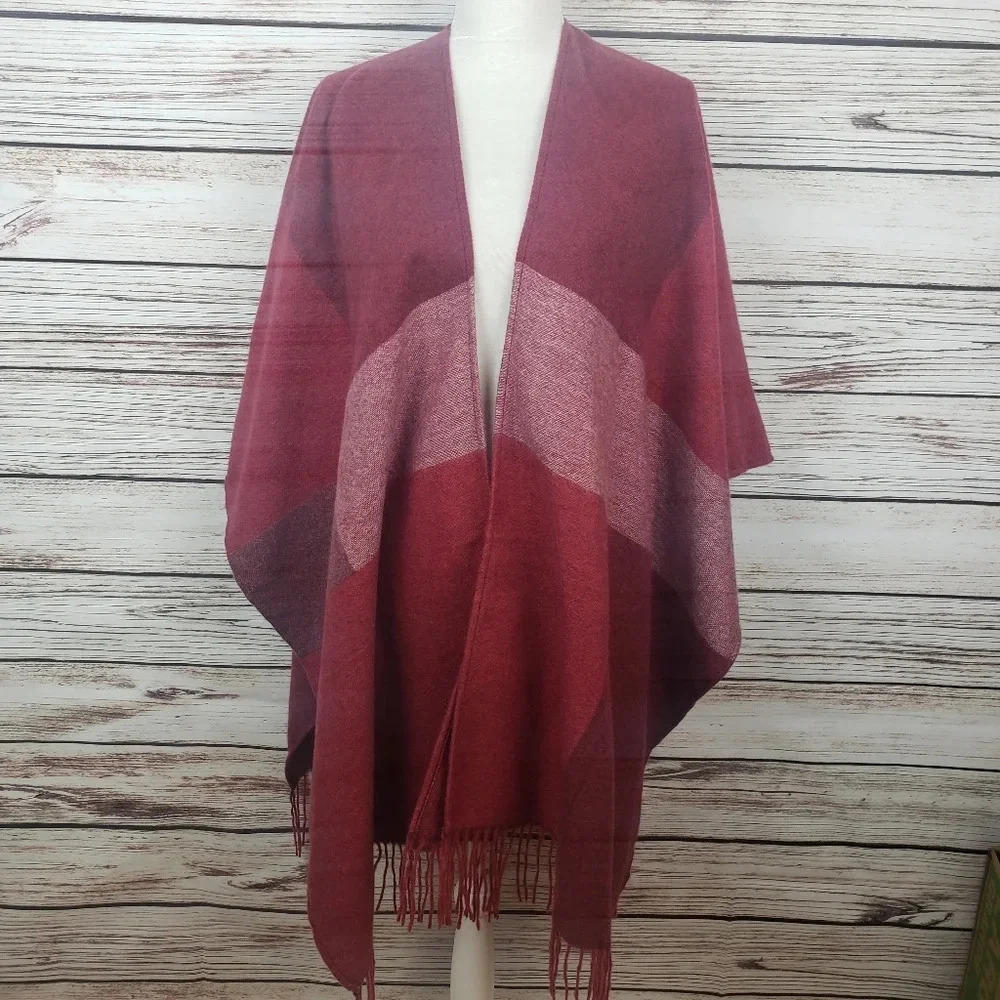 Woolrich Red Fringed Poncho Wrap Cape